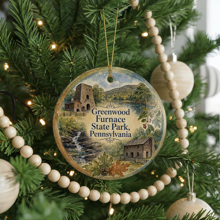 A round ornament hanging on a Christmas tree, featuring illustrations of a castle, a waterfall, and a cabin, with the text "Greenwood Furnace State Park, Pennsylvania" displayed on it.