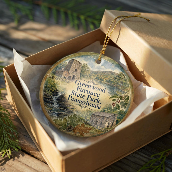 A decorative ornament in a wooden box, featuring a scenic image of the Greenwood Furnace State Park in Pennsylvania.