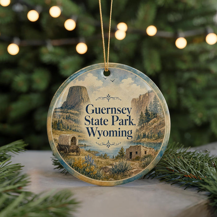 A round ornament with a scenic image of Guernsey State Park, Wyoming, featuring a wagon and a mountain landscape.