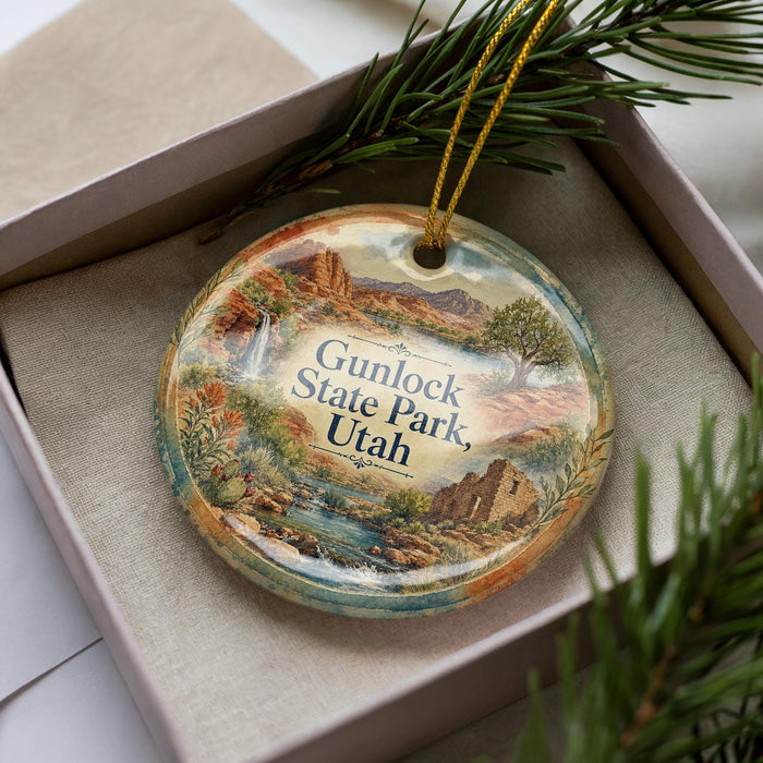 A decorative ornament in a box, featuring a scenic landscape with mountains, water, and greenery.