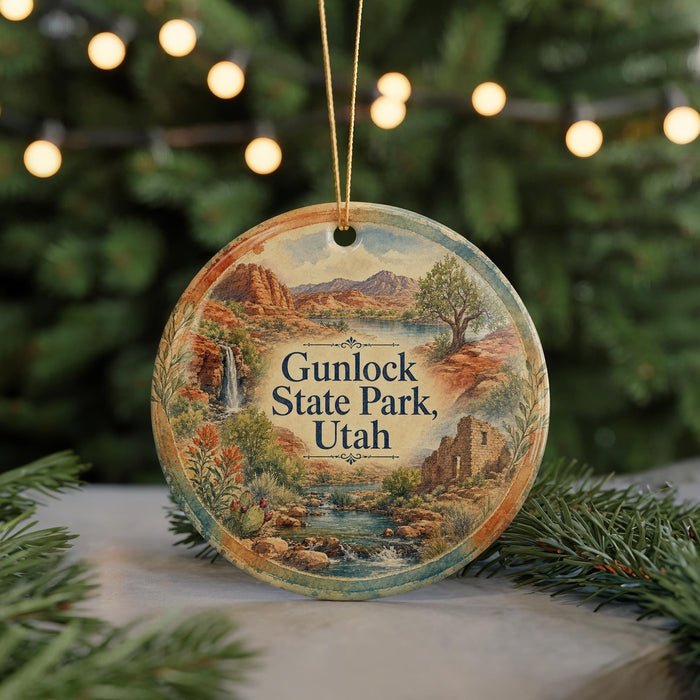 A round ornament with a scenic landscape of Gunlock State Park, Utah, featuring a waterfall, mountains, and desert terrain.