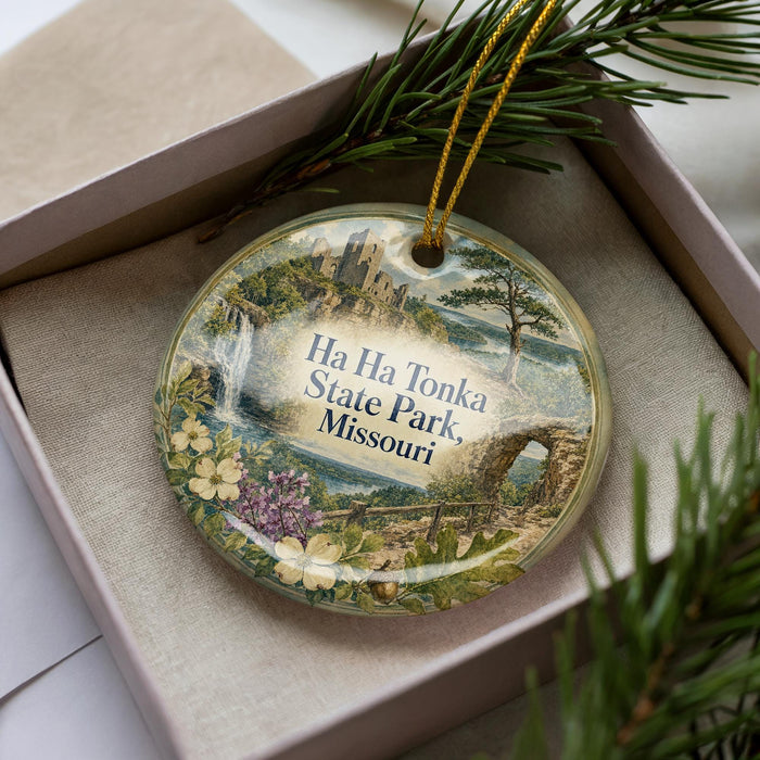 A decorative ornament in a box, featuring a scenic landscape with a castle, trees, and water.