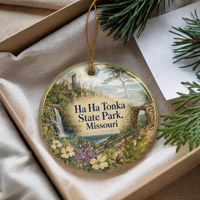 A decorative ornament with a scenic landscape of Ha Tonka State Park, Missouri, featuring a castle, waterfall, and greenery.