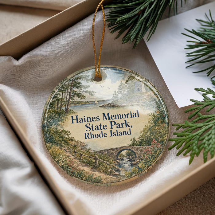 A decorative ornament with a scenic landscape of Haines Memorial State Park, Rhode Island, hanging from a string.