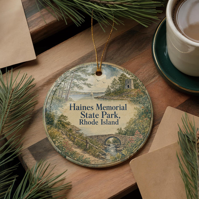 A round ornament with a scenic landscape of Haines Memorial State Park, Rhode Island, hangs on a wooden surface.