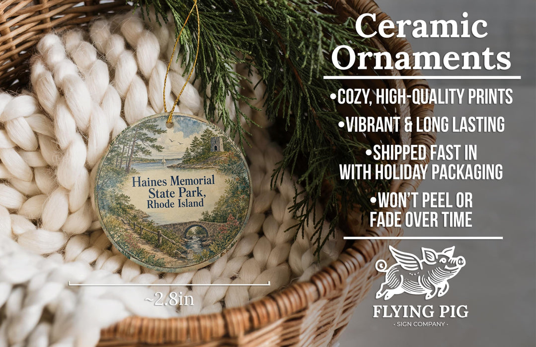 Ceramic ornaments, featuring a scenic landscape of Haines Memorial State Park, Rhode Island, hanging from a wicker basket.