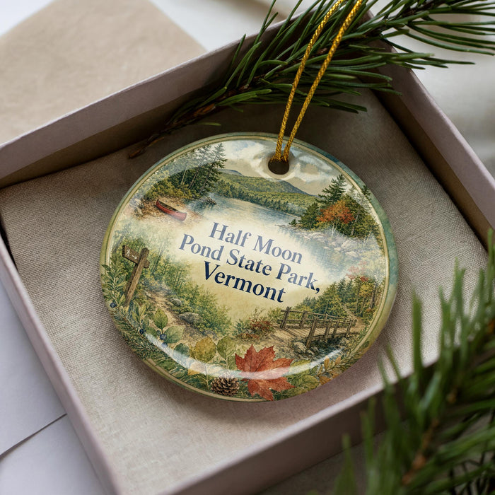 A decorative ornament in a box, featuring a scenic landscape with pine trees, mountains, and a pond.