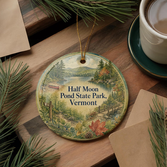 A decorative ornament with a scenic image of Half Moon Pond State Park, Vermont, hanging on a wooden surface.