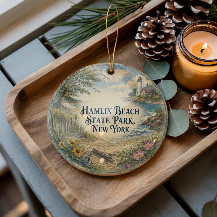 A decorative ornament with a lighthouse and beach scene, placed on a wooden tray alongside pine cones and a lit candle.