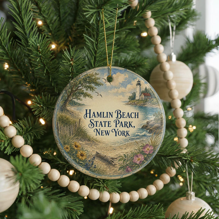 A round ornament hanging on a Christmas tree, featuring a scenic landscape with a lighthouse and a beach.