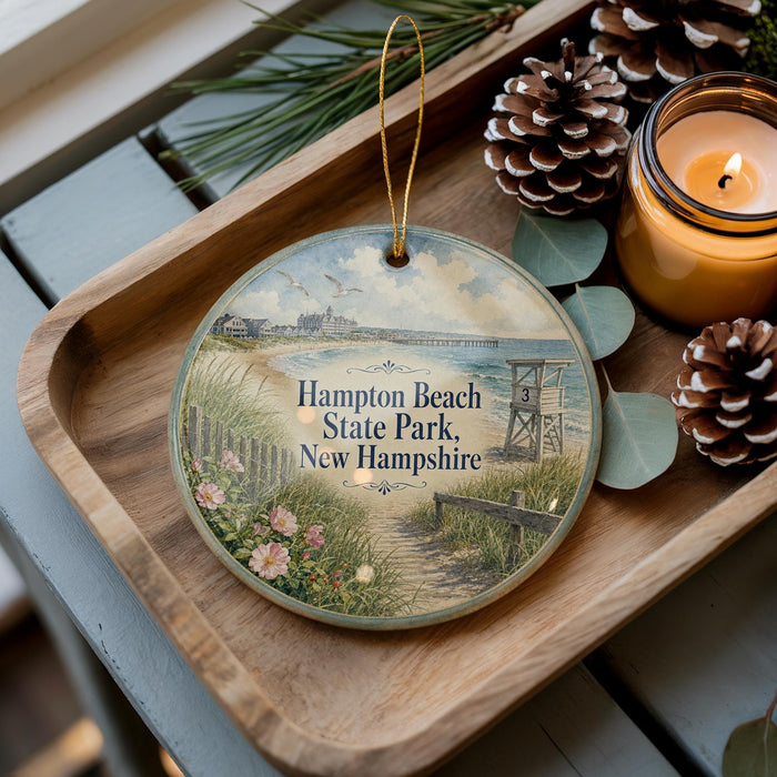 A decorative ornament featuring a beach scene with a lighthouse, pine cones, and a candle on a wooden tray.