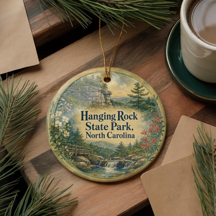 A round ornament with a scenic landscape of hanging rock, state park, and water, featuring pine trees and a waterfall, is displayed on a wooden surface alongside a cup of coffee and some papers.