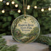 A round ornament with a scenic image of Harpeth River State Park in Tennessee, featuring a mill and a bridge, surrounded by greenery and a string of lights.