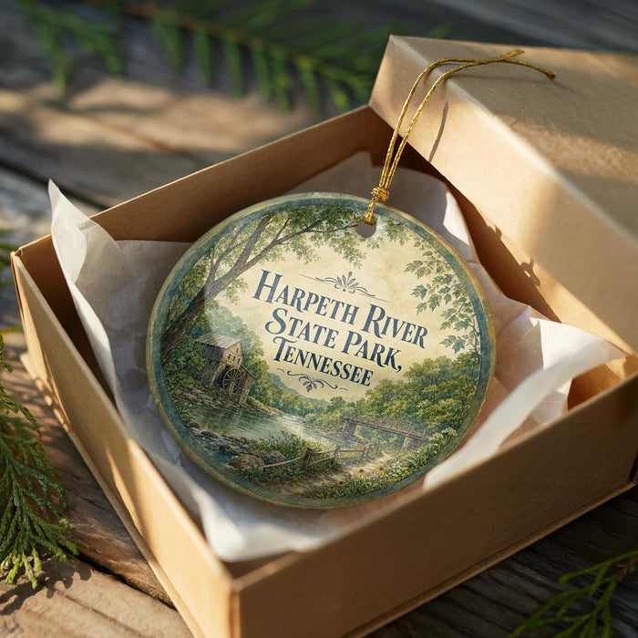 A round ornament in a wooden box, featuring a scenic image of the Harpeth River State Park in Tennessee.