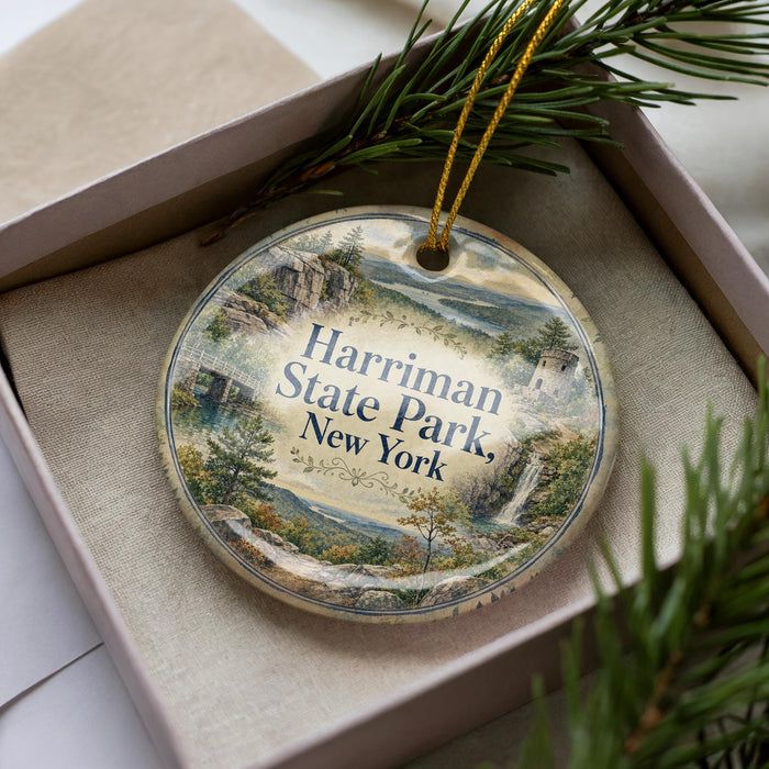 A decorative ornament in a box, featuring a scenic landscape with mountains, trees, and a waterfall.