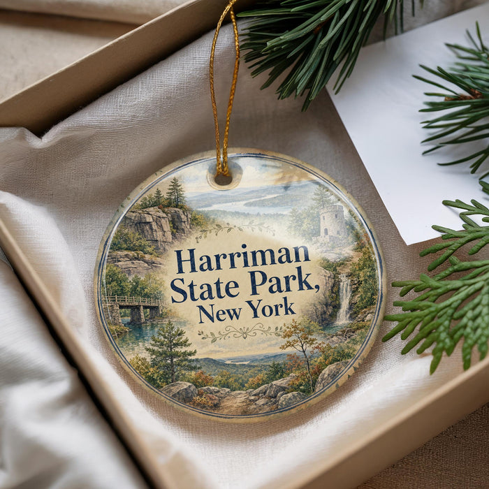 A decorative ornament with a scenic landscape of Harriman State Park, New York, featuring a bridge, trees, and a waterfall.