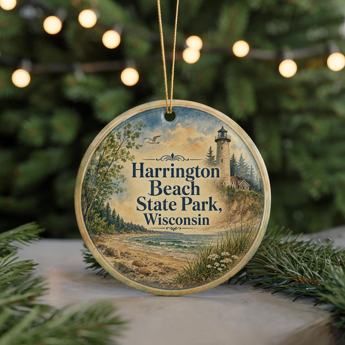 A round ornament with a lighthouse and a beach scene, featuring the text "Harrington Beach State Park, Wisconsin".