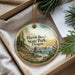 A decorative ornament with a scenic landscape of Harris Beach State Park, Oregon, featuring a coastal scene with mountains, trees, and a body of water.