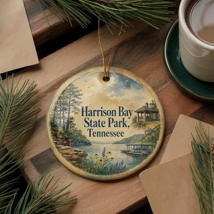 A decorative ornament featuring a scenic landscape of Harrison Bay State Park in Tennessee, with a cabin and a lake in the background.