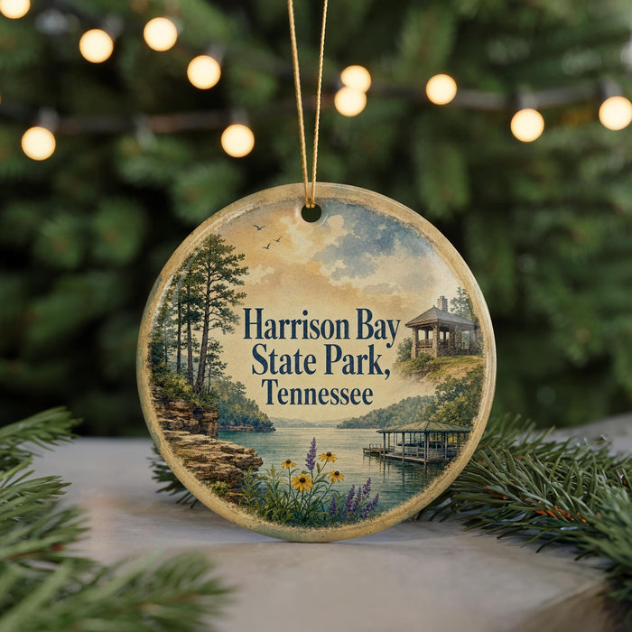 A circular ornament featuring a scenic landscape with a lake, dock, and trees, along with the text "Harison Bay State Park, Tennessee".