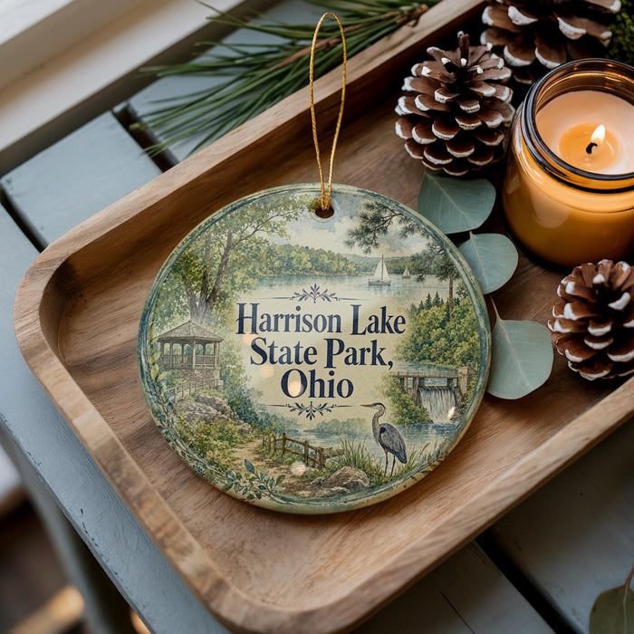 A decorative ornament with a scenic lake and park landscape, featuring a bird and a gazebo, is displayed on a wooden tray alongside pine cones and a lit candle.