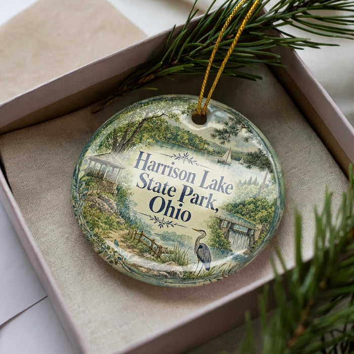 A decorative ornament in a box, featuring a scenic landscape with a lake, trees, and a bird, along with the text "Harrison Lake State Park, Ohio".