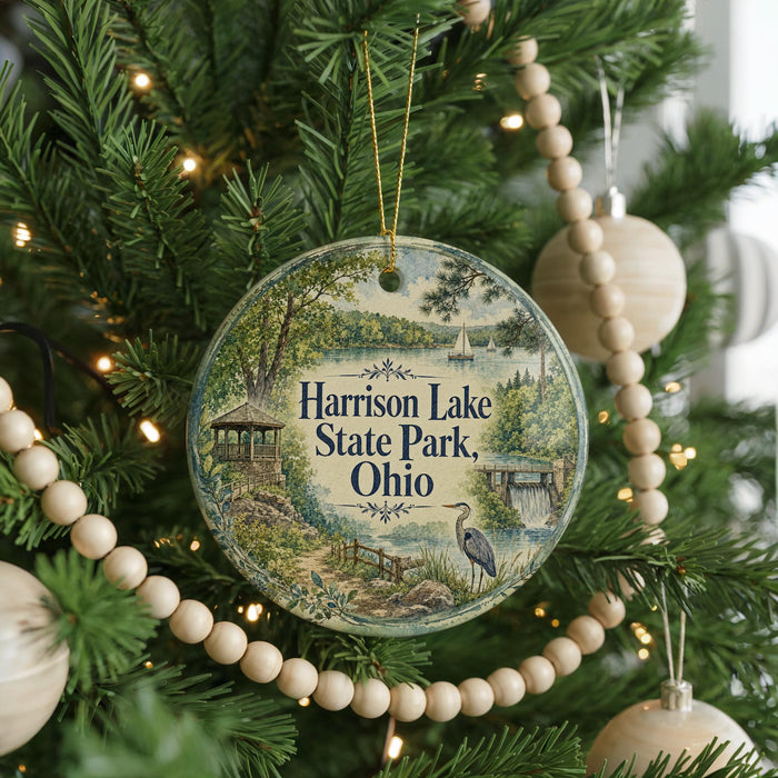A round ornament hanging on a Christmas tree, featuring a scenic image of Harrison Lake State Park, Ohio.
