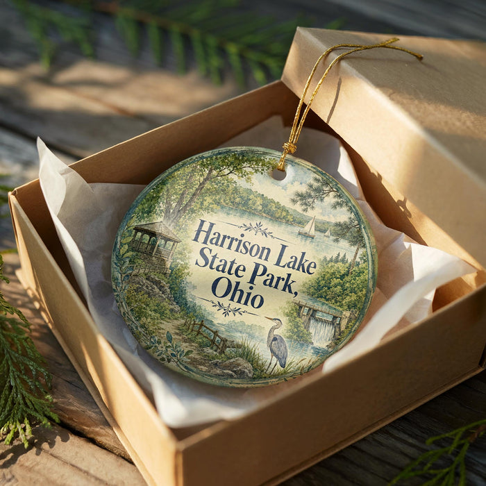 A decorative ornament in a box, featuring a scenic landscape with a lake, park, and a bird, is placed on a wooden surface.