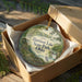 A decorative ornament in a box, featuring a scenic landscape with a lake, park, and a bird, is placed on a wooden surface.