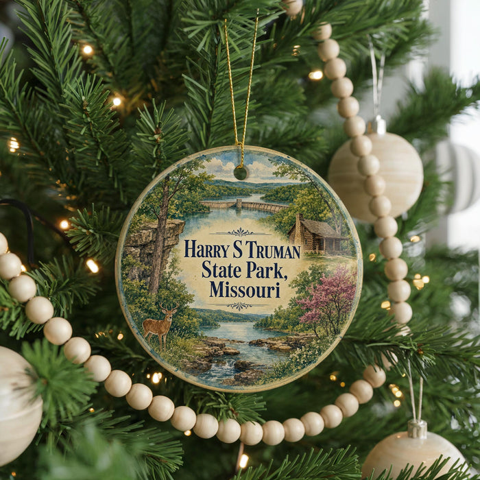 A round ornament hanging on a Christmas tree, featuring a scenic image of a river and a cabin surrounded by trees.