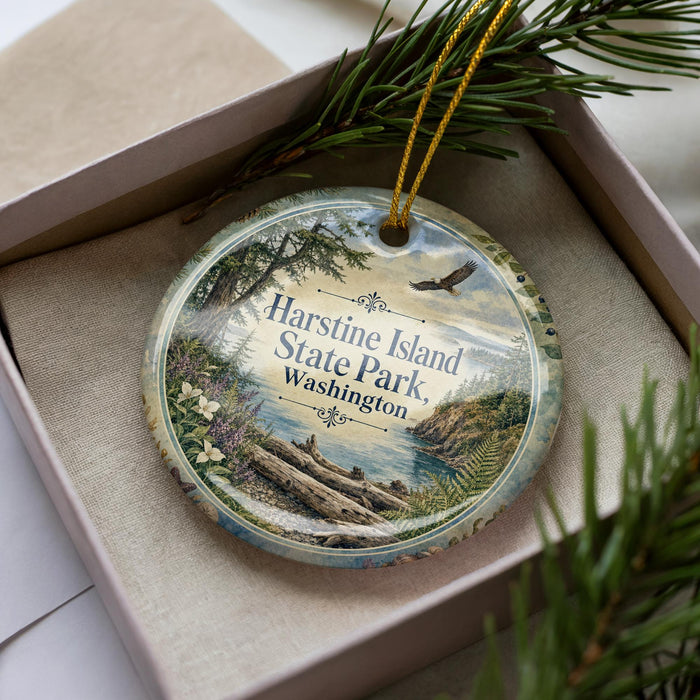A decorative ornament with a scenic landscape of Harstine Island, Washington, featuring a river, pine trees, and a bird in flight.