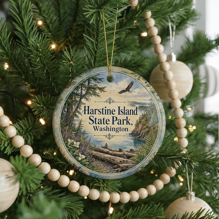 A round ornament hanging on a Christmas tree, featuring a scenic landscape with a lake and mountains.