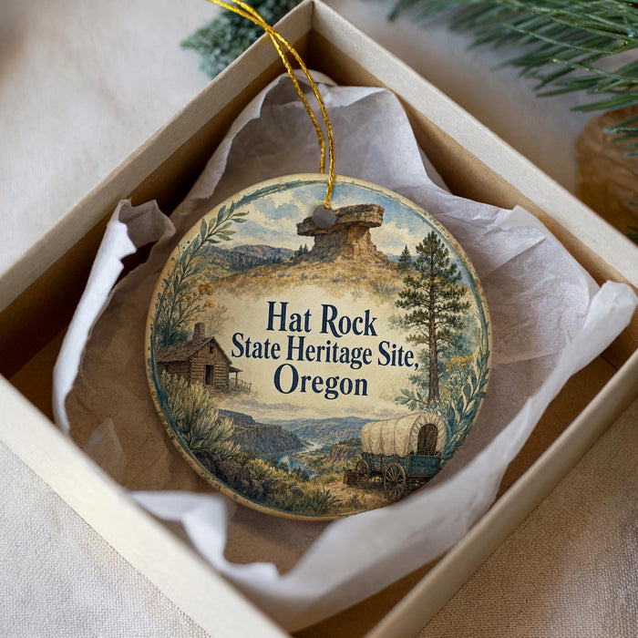 A decorative ornament in a box, featuring a scenic landscape with a cabin and mountains in the background.