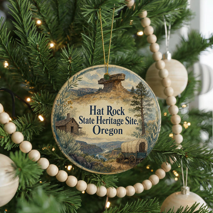 A round ornament hanging on a Christmas tree, featuring a scenic landscape with a cabin and mountains in the background.