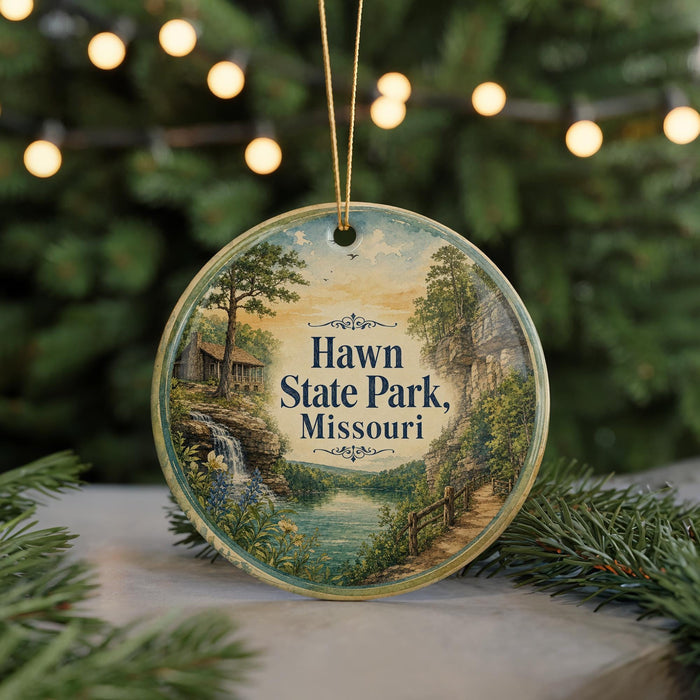 A round ornament with a scenic landscape of Hawn State Park, Missouri, featuring a waterfall and a cabin, is displayed on a table with pine branches in the background.