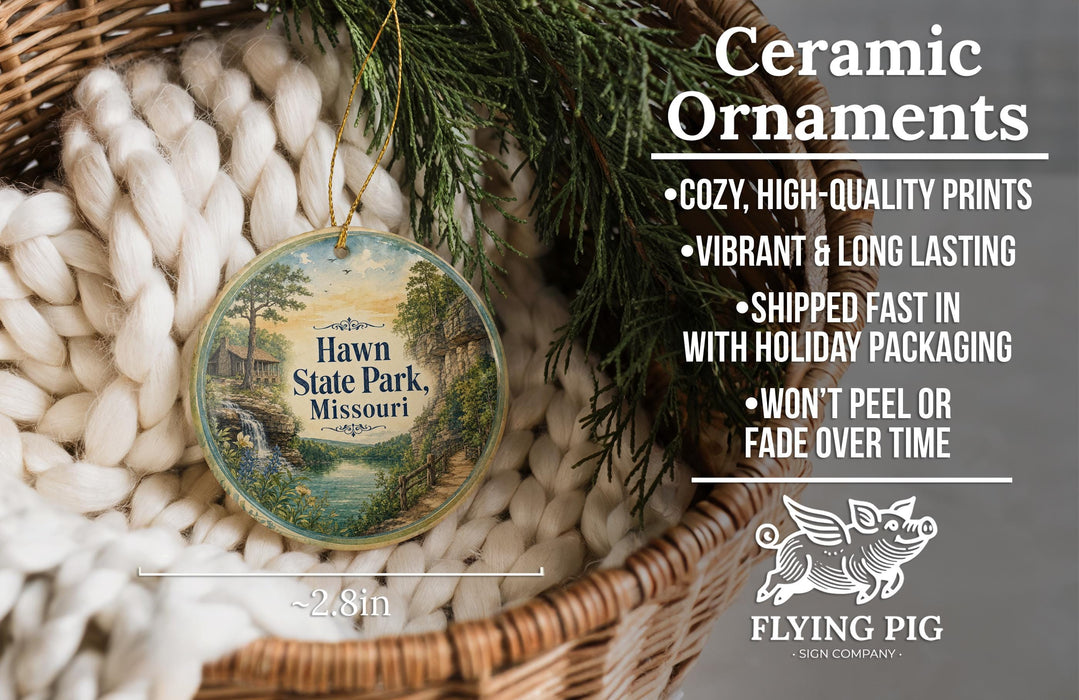 Ceramic ornaments, featuring a picture of Hawn State Park, Missouri, hanging from a wicker basket.