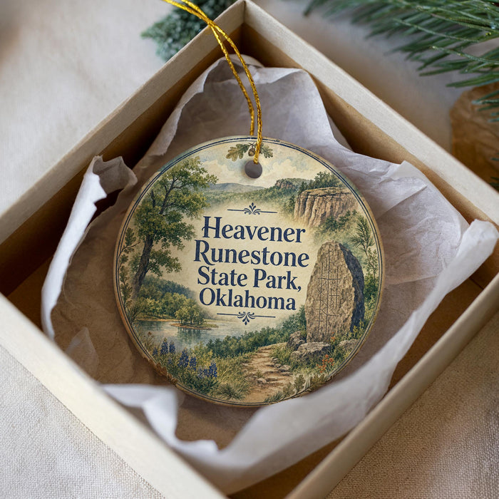 A round ornament with a scenic landscape of a river, mountains, and trees, featuring the text "Heavener Runestone State Park, Oklahoma".