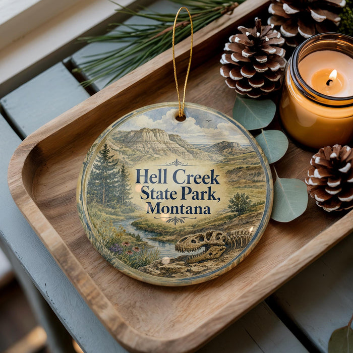 A wooden tray with a decorative ornament featuring a scenic landscape of Hell Creek State Park, Montana, and pine cones.
