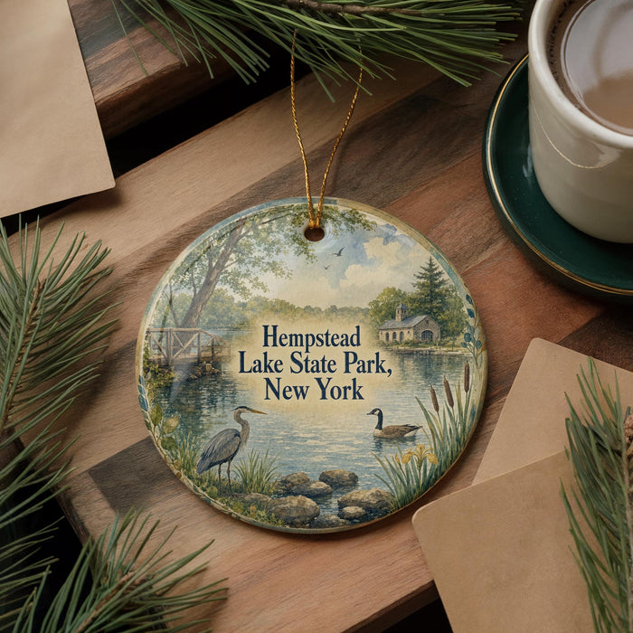 A decorative ornament featuring a scenic image of Hempstead Lake State Park, New York, with a bird and a duck in the foreground.