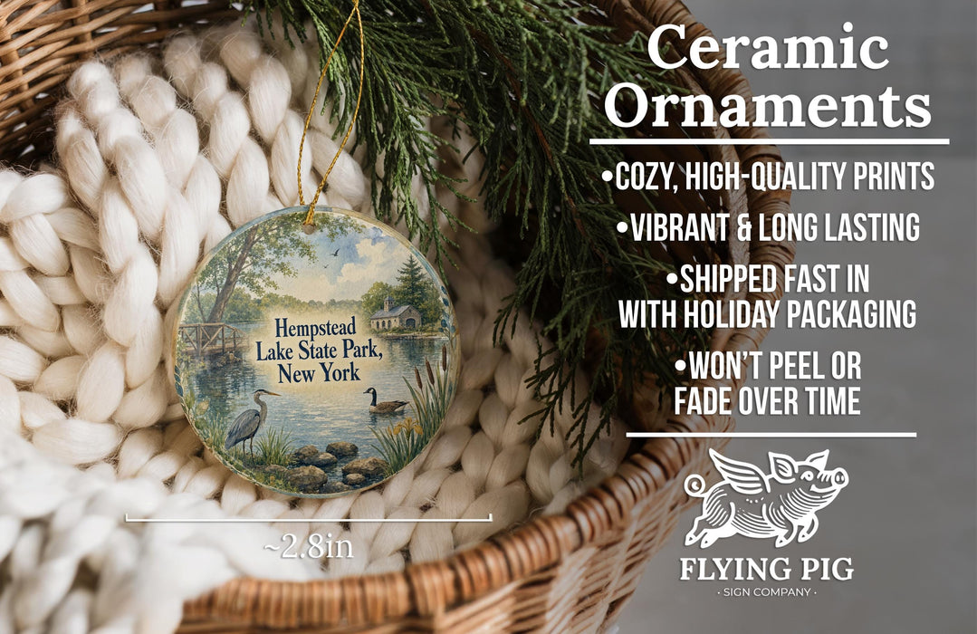 Ceramic ornaments, featuring a painting of a lake and a bird, are displayed in a basket.