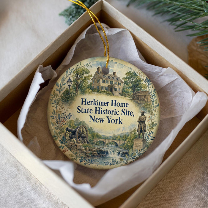 A decorative ornament in a box, featuring illustrations of a historic home, a statue, and a landscape scene, with the text "Herkimer Home State Historic Site, New York" printed on it.