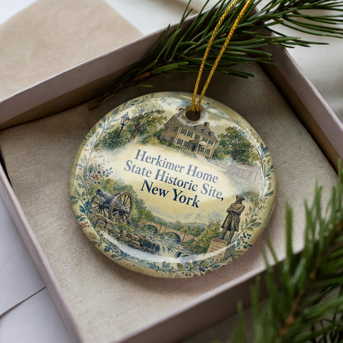 A decorative ornament in a box, featuring a historical scene with a building, a person, and a horse.