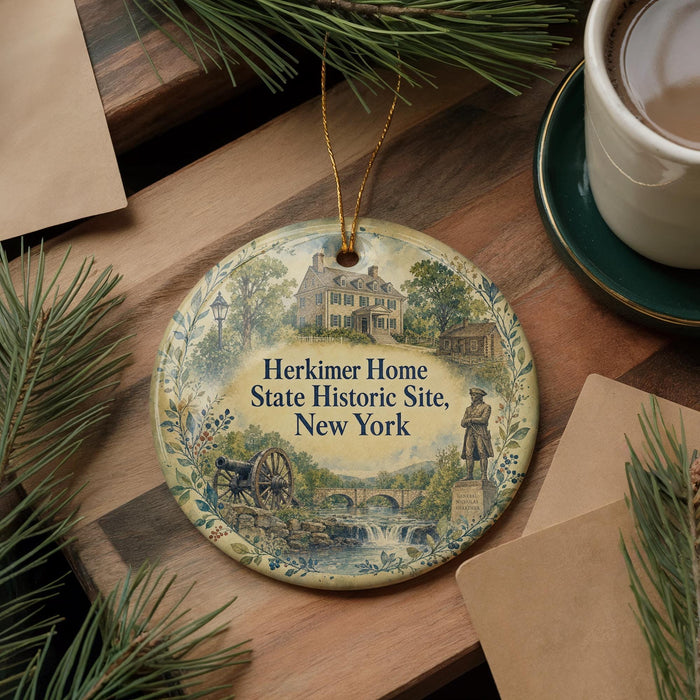 A decorative ornament with a historical scene, featuring a house, a bridge, and a statue, is displayed on a wooden surface alongside a cup of coffee and some pine branches.