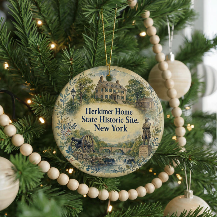 A round ornament hanging on a Christmas tree, featuring a painting of a historical building and a statue.