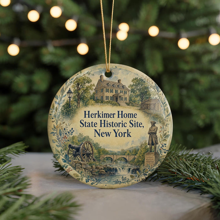 A decorative ornament featuring a historical scene with a house, a statue, and a bridge, surrounded by greenery and a string of lights.