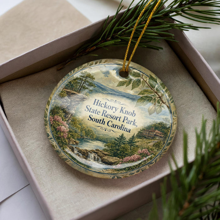 A decorative ornament with a landscape scene, featuring a river, trees, and a house, is displayed in a box with pine branches.