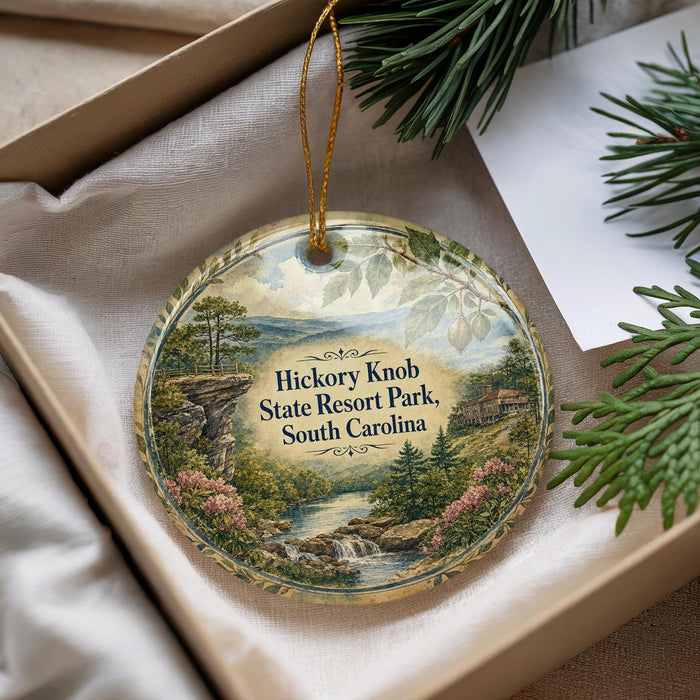 A decorative ornament with a scenic landscape of Hickory Knob State Resort Park, South Carolina, hanging from a string.
