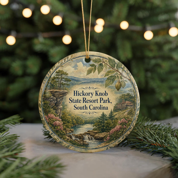 A round ornament with a scenic landscape featuring a waterfall, pine trees, and a cliff, hanging from a string.