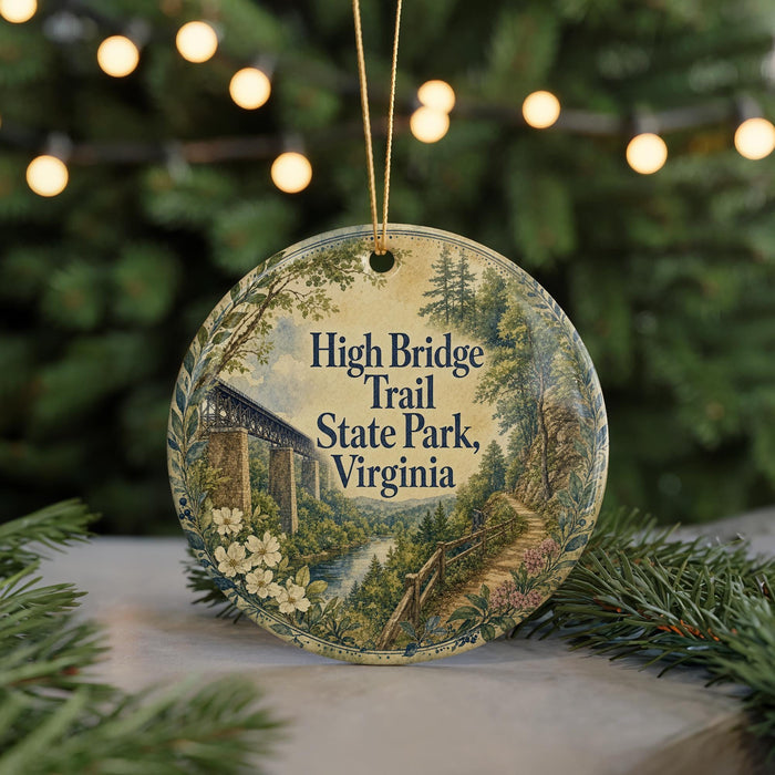 A decorative ornament featuring a scenic image of High Bridge Trail State Park, Virginia, with a bridge and trees in the background.