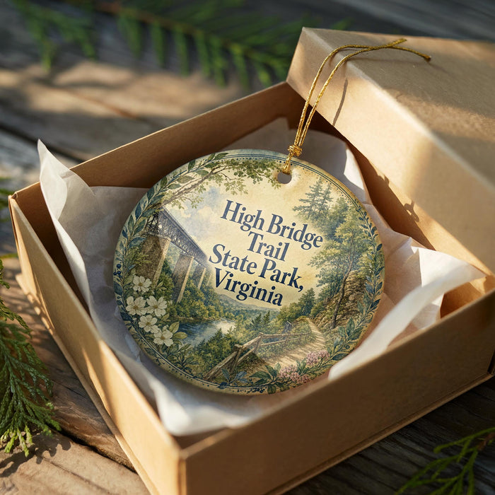 A decorative ornament in a box, featuring a scenic image of the High Bridge Trail in Virginia.